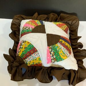 Pillow Quilted Top Fan Pattern Handmade Ruffle Edge Multi Color Brown 12 X 12